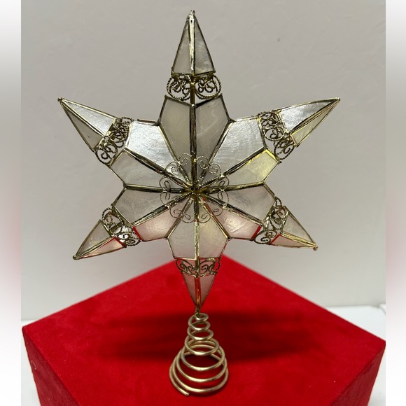VINTAGE CHRISTMAS CAPIZ SHELL TREE TOPPER 
5 POINT STAR GOLD FILIGREE DETAIL - Picture 1 of 10